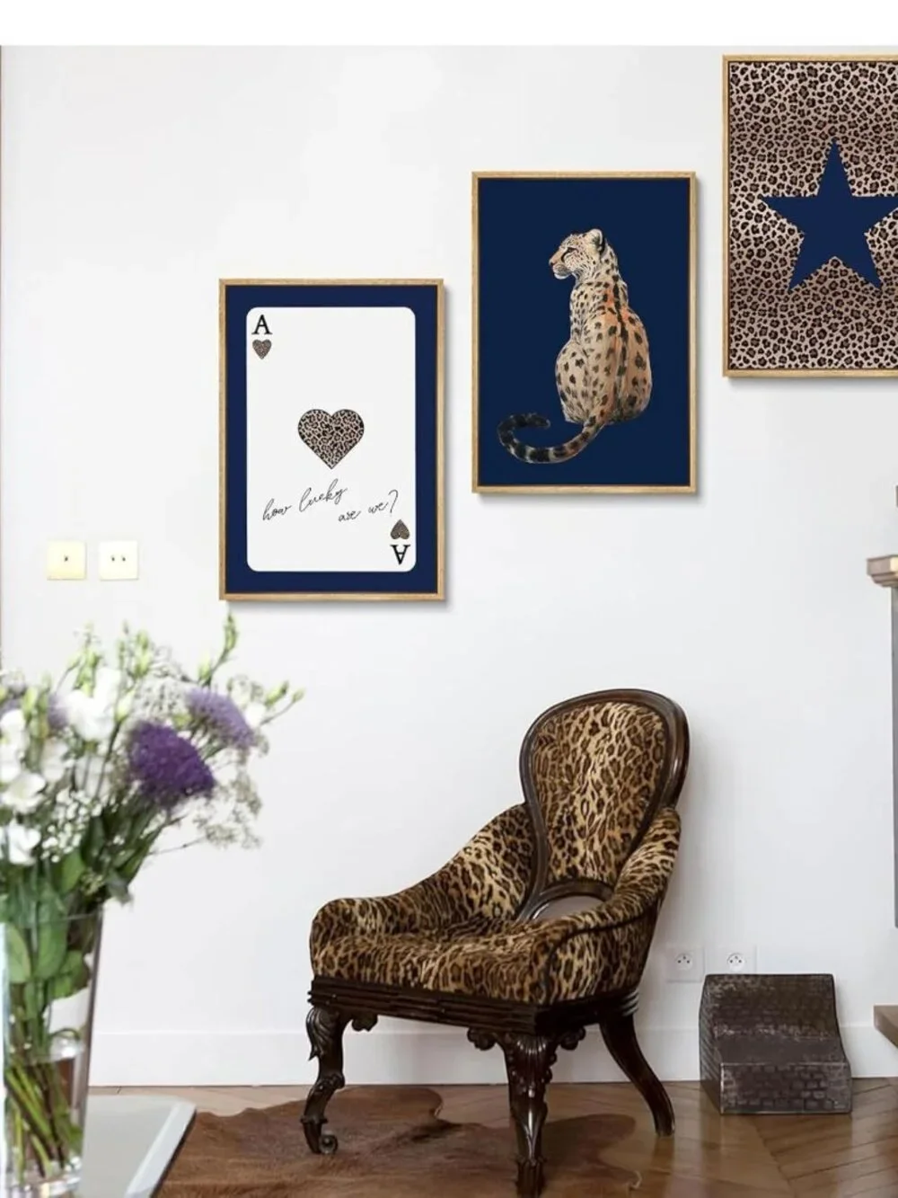 Leopard Wall Art Set of 3 Navy Blue Framed Animal Prints Modern Decor